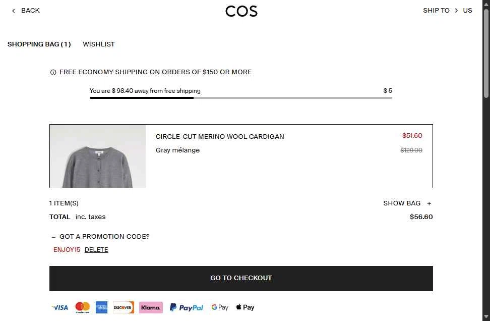 COS checkout page showing COS promo code box | Screenshot taken by SimplyCodes community member on Jan 16, 2026