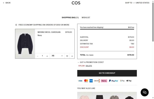 COS checkout page showing COS promo code box | Screenshot taken by SimplyCodes community member on Aug 27, 2025