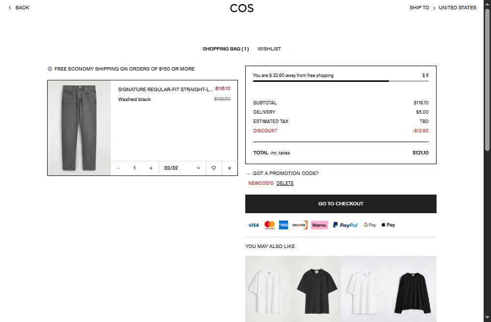 COS checkout page showing COS promo code box | Screenshot taken by SimplyCodes community member on Feb 11, 2026