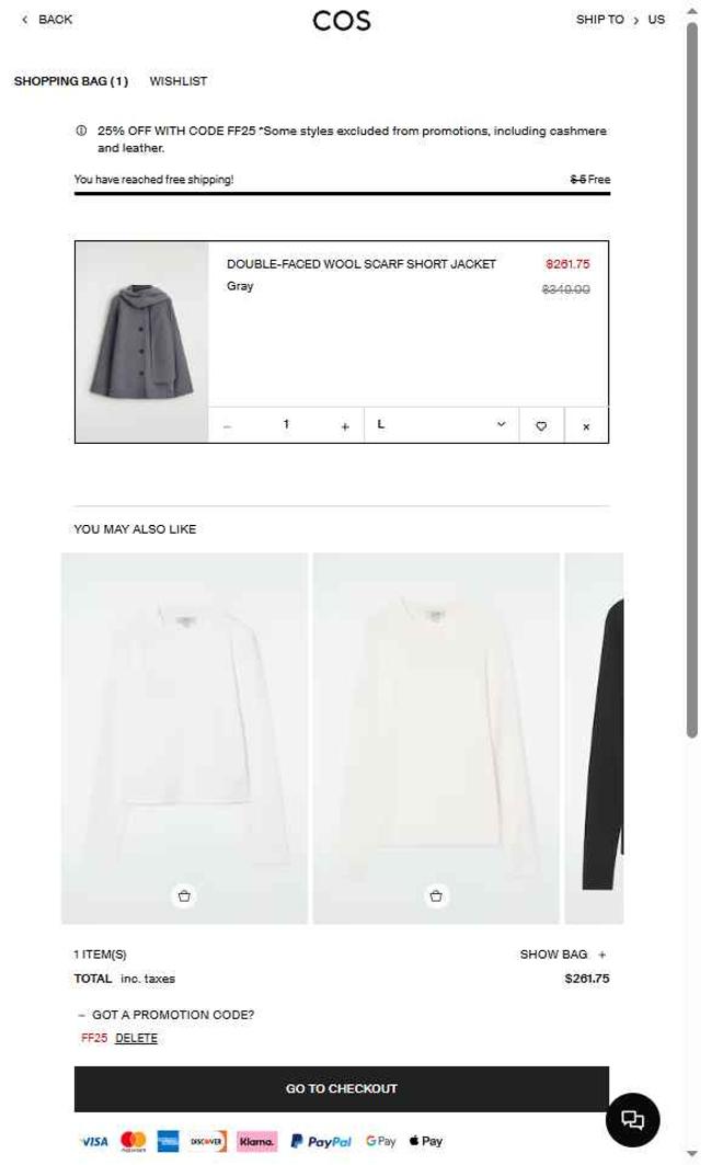 COS checkout page showing COS promo code box | Screenshot taken by SimplyCodes community member on Sep 28, 2025