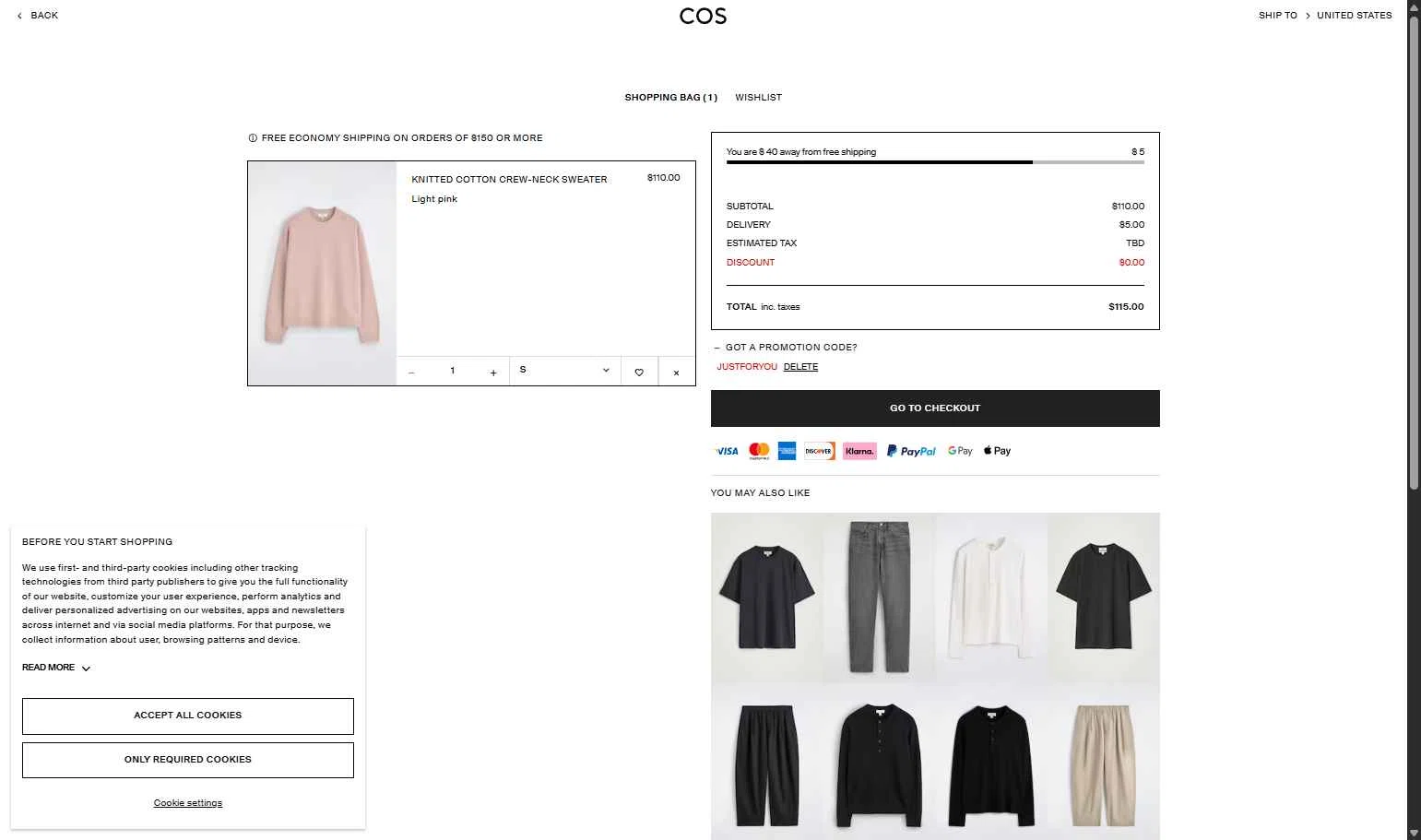 COS checkout page showing COS promo code box | Screenshot taken by SimplyCodes community member on Jan 27, 2026