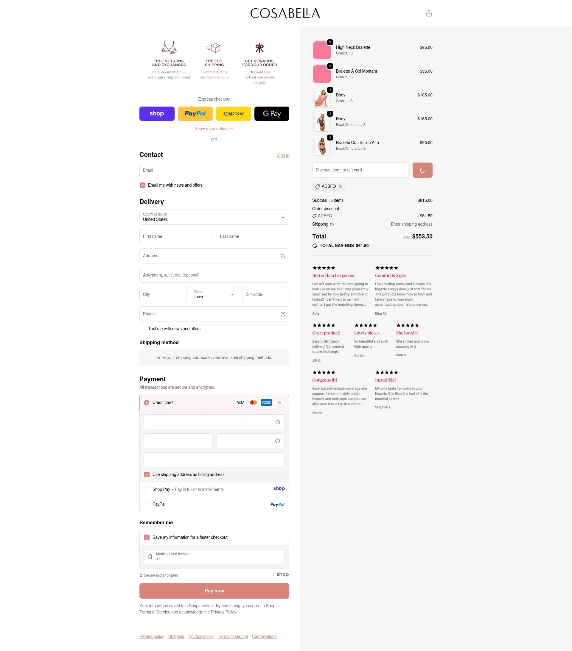 Cosabella checkout page showing Cosabella promo code box | Screenshot taken by SimplyCodes community member on Dec 30, 2025