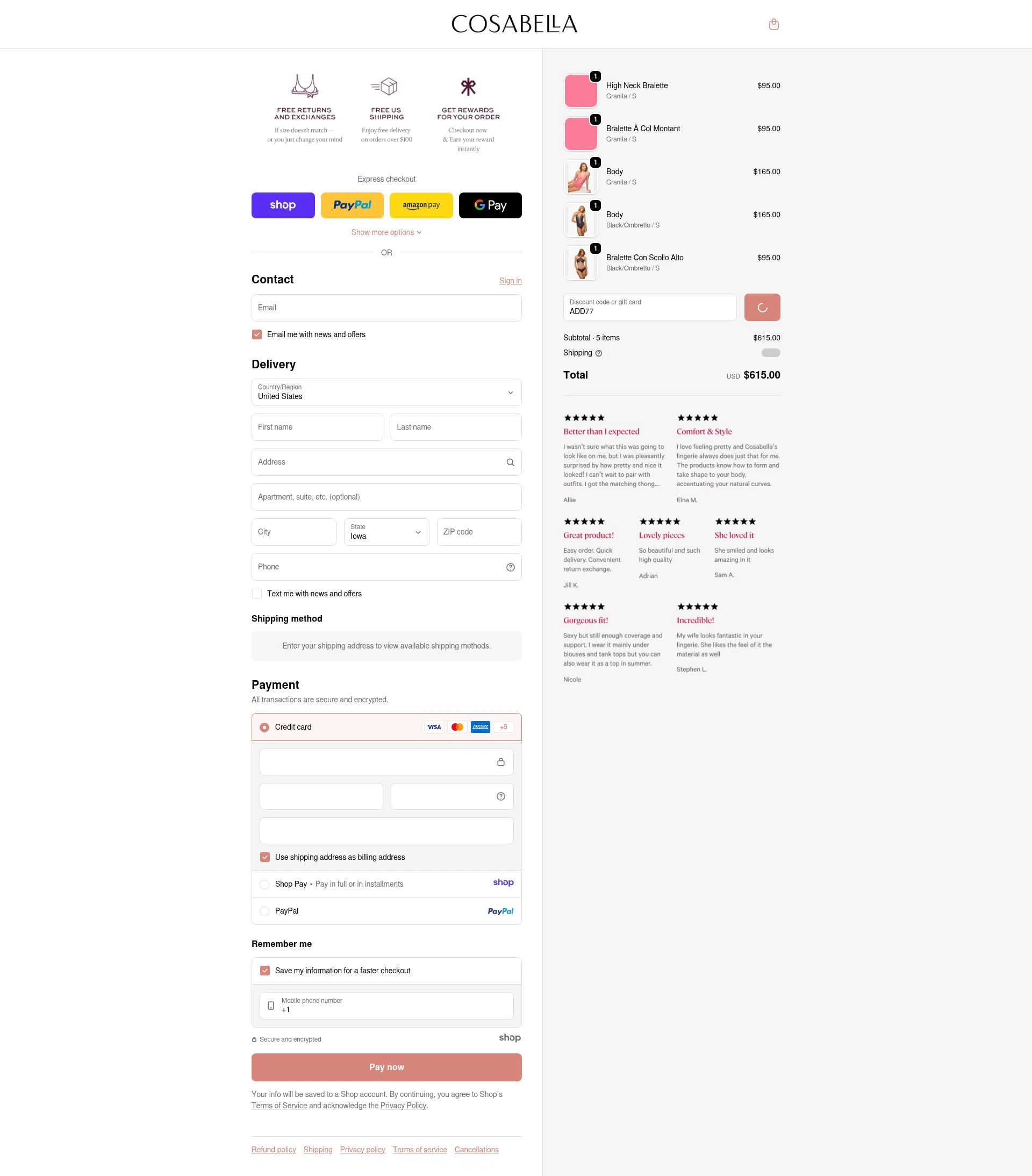 Cosabella checkout page showing Cosabella promo code box | Screenshot taken by SimplyCodes community member on Dec 30, 2025