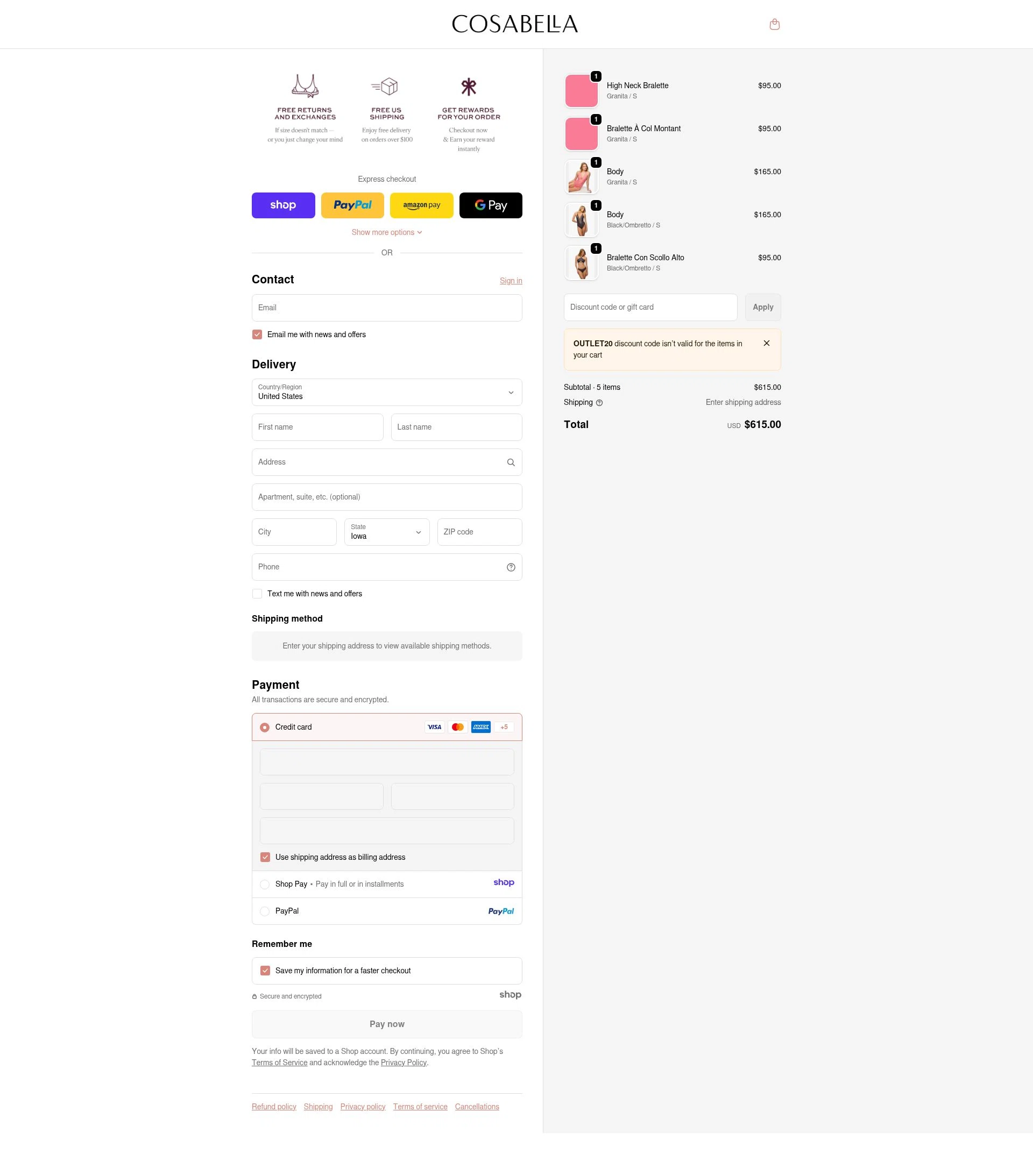Cosabella checkout page showing Cosabella promo code box | Screenshot taken by SimplyCodes community member on Dec 30, 2025