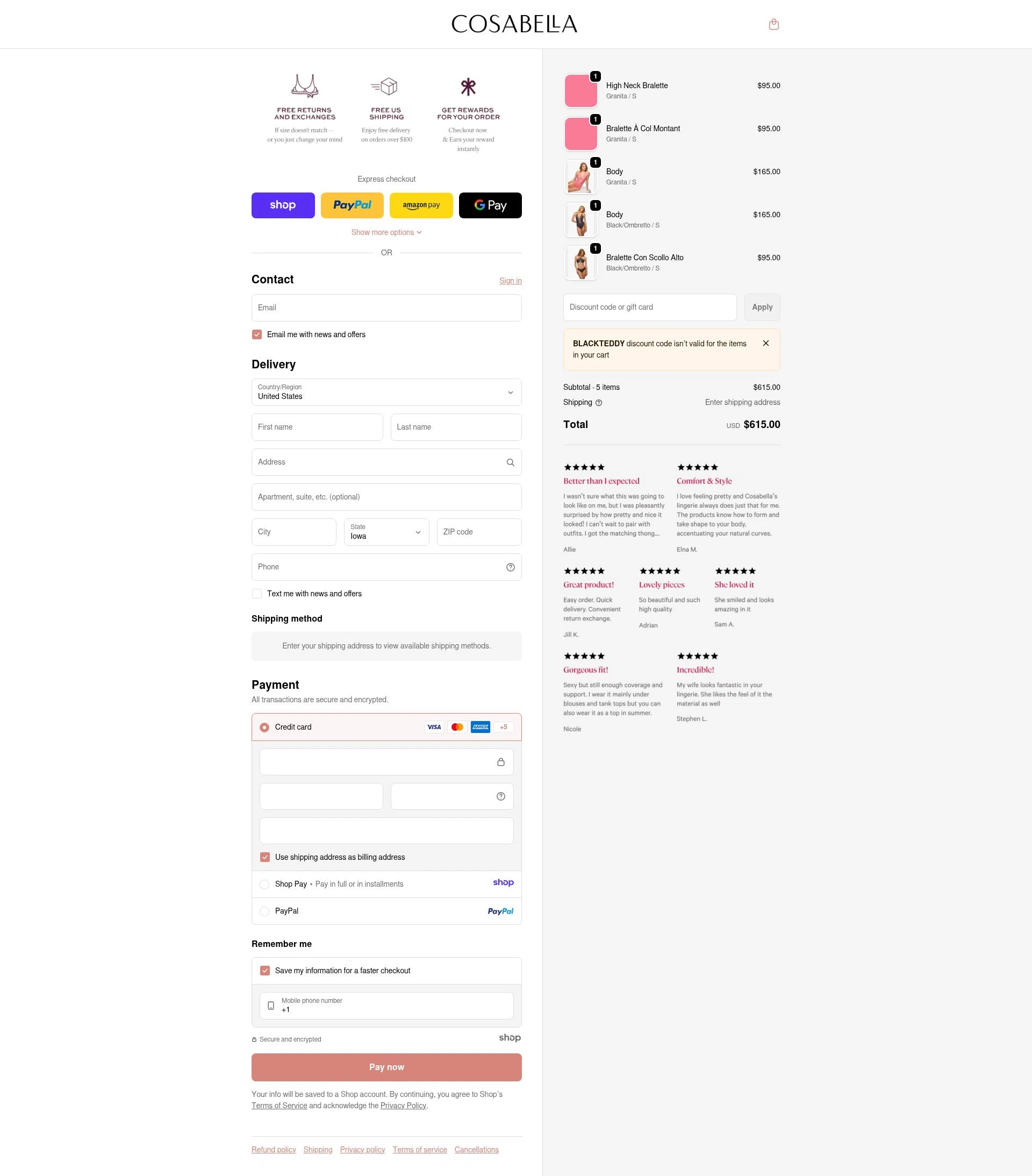 Cosabella checkout page showing Cosabella promo code box | Screenshot taken by SimplyCodes community member on Dec 30, 2025