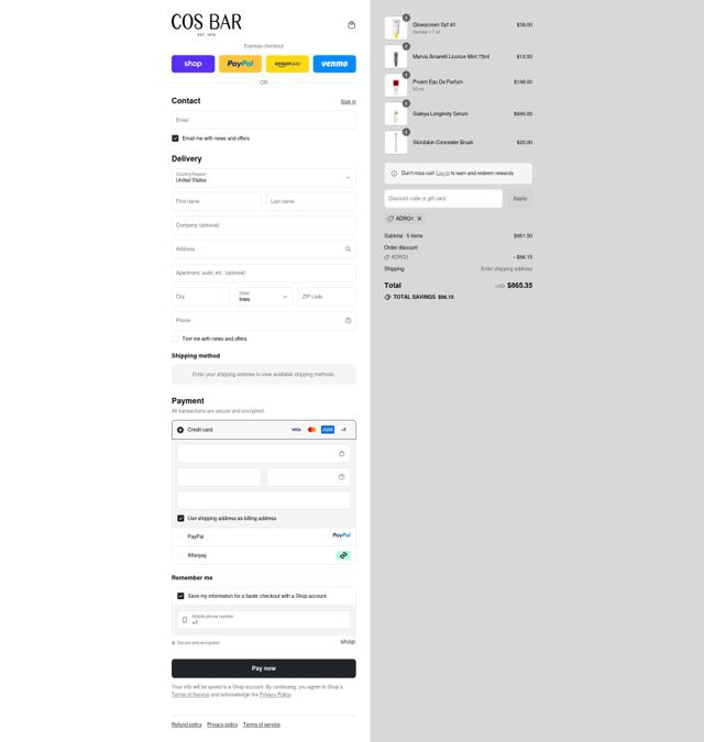 Cos Bar checkout page showing Cos Bar discount code box | Screenshot taken by SimplyCodes community member on Sep 11, 2025