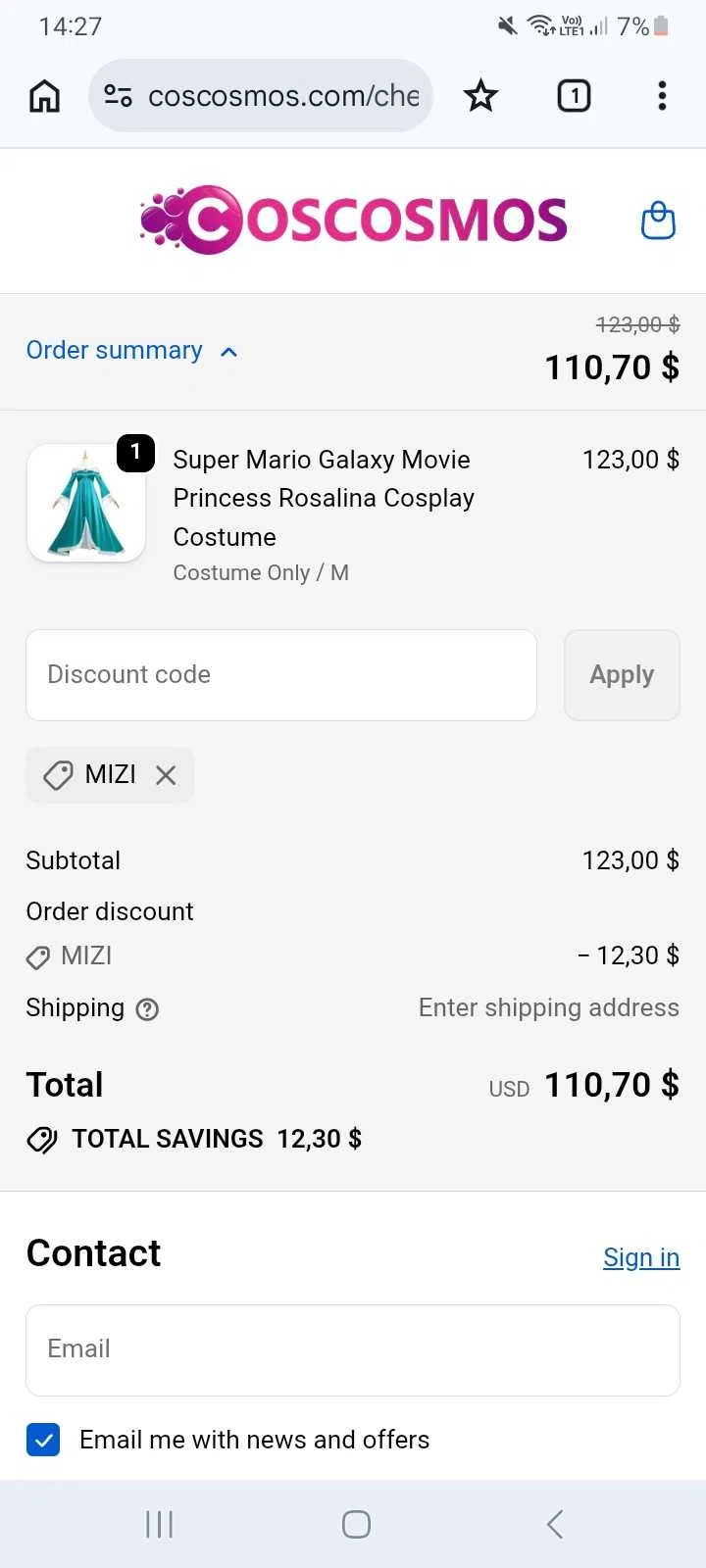 Coscosmos promo code screenshot showing code MIZI applied at Coscosmos checkout page. Uploaded by SimplyCodes community member Celebrity on Jun 7, 2026