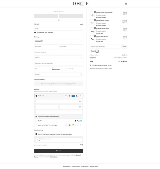Cosette checkout page showing Cosette discount code box | Screenshot taken by SimplyCodes community member on Feb 23, 2025