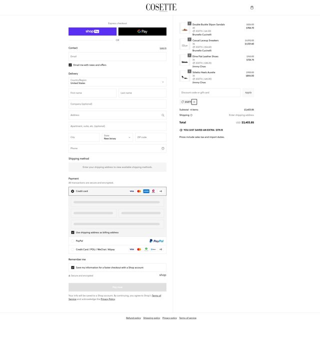Cosette checkout page showing Cosette discount code box | Screenshot taken by SimplyCodes community member on Feb 21, 2025