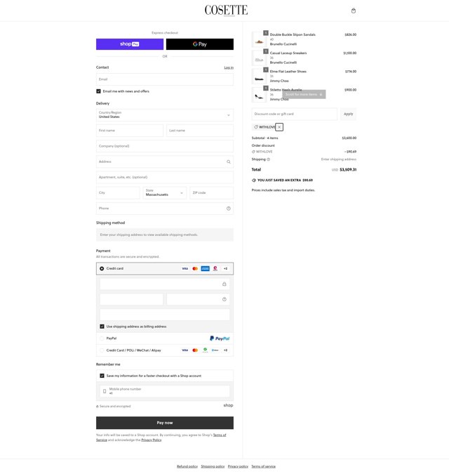 Cosette checkout page showing Cosette discount code box | Screenshot taken by SimplyCodes community member on Feb 16, 2025