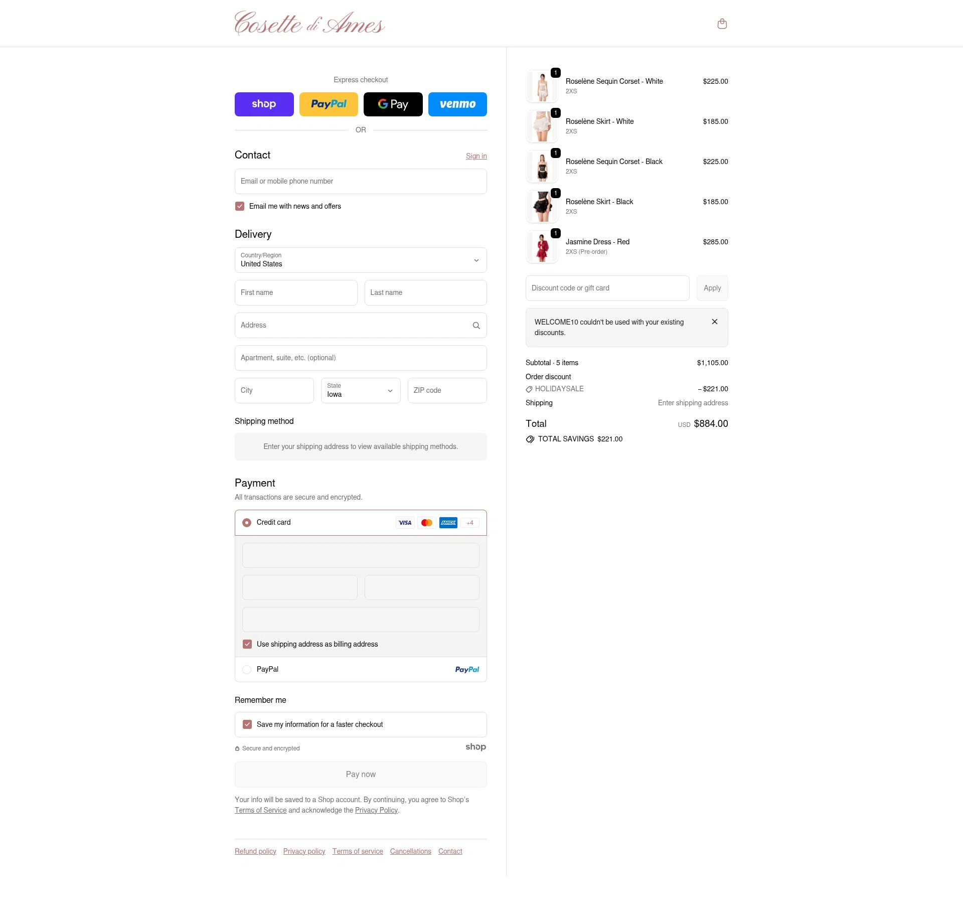 Cosette di Ames checkout page showing Cosette di Ames promo code box | Screenshot taken by SimplyCodes community member on Dec 30, 2025