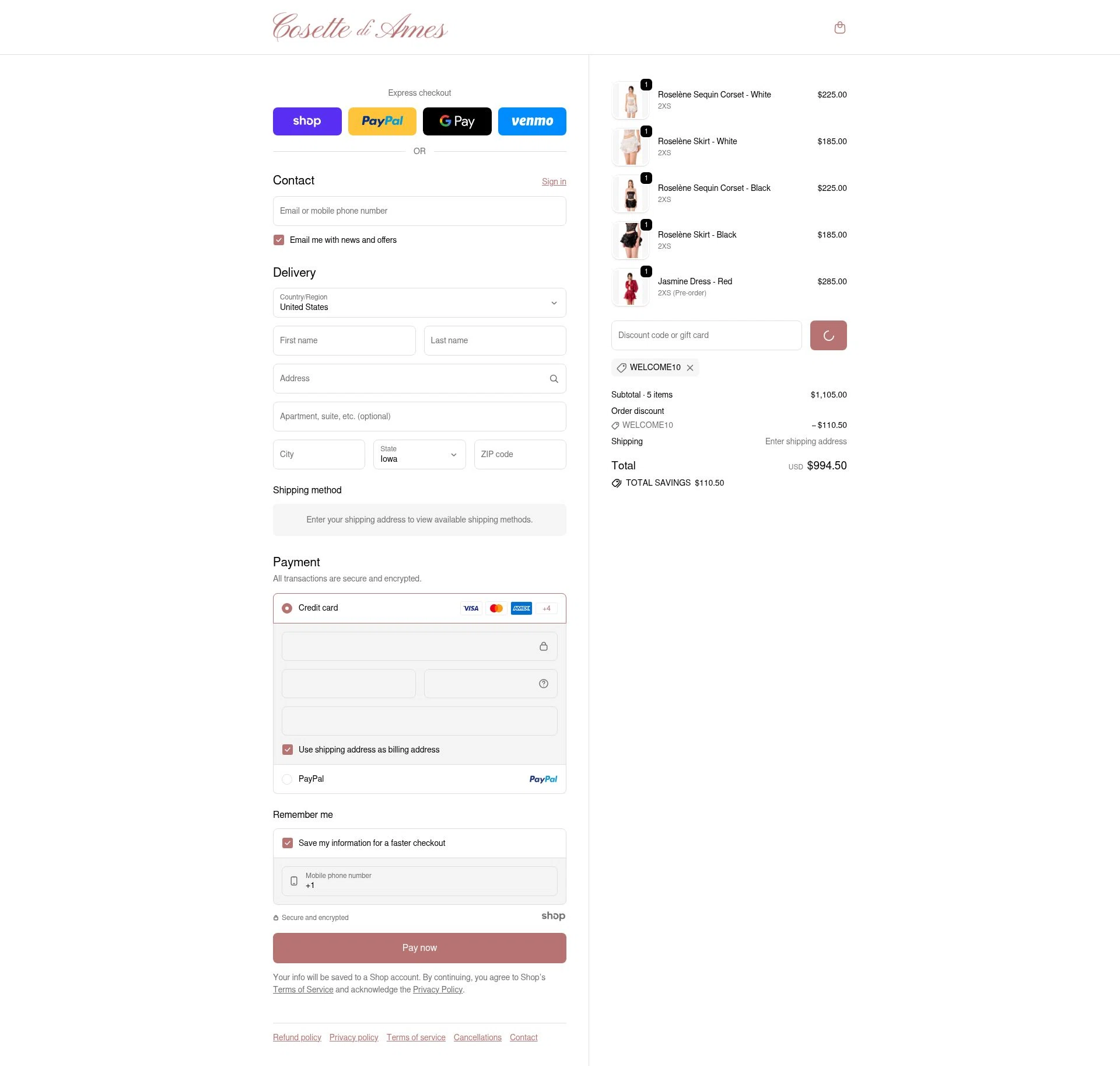 Cosette di Ames checkout page showing Cosette di Ames promo code box | Screenshot taken by SimplyCodes community member on Jan 4, 2026