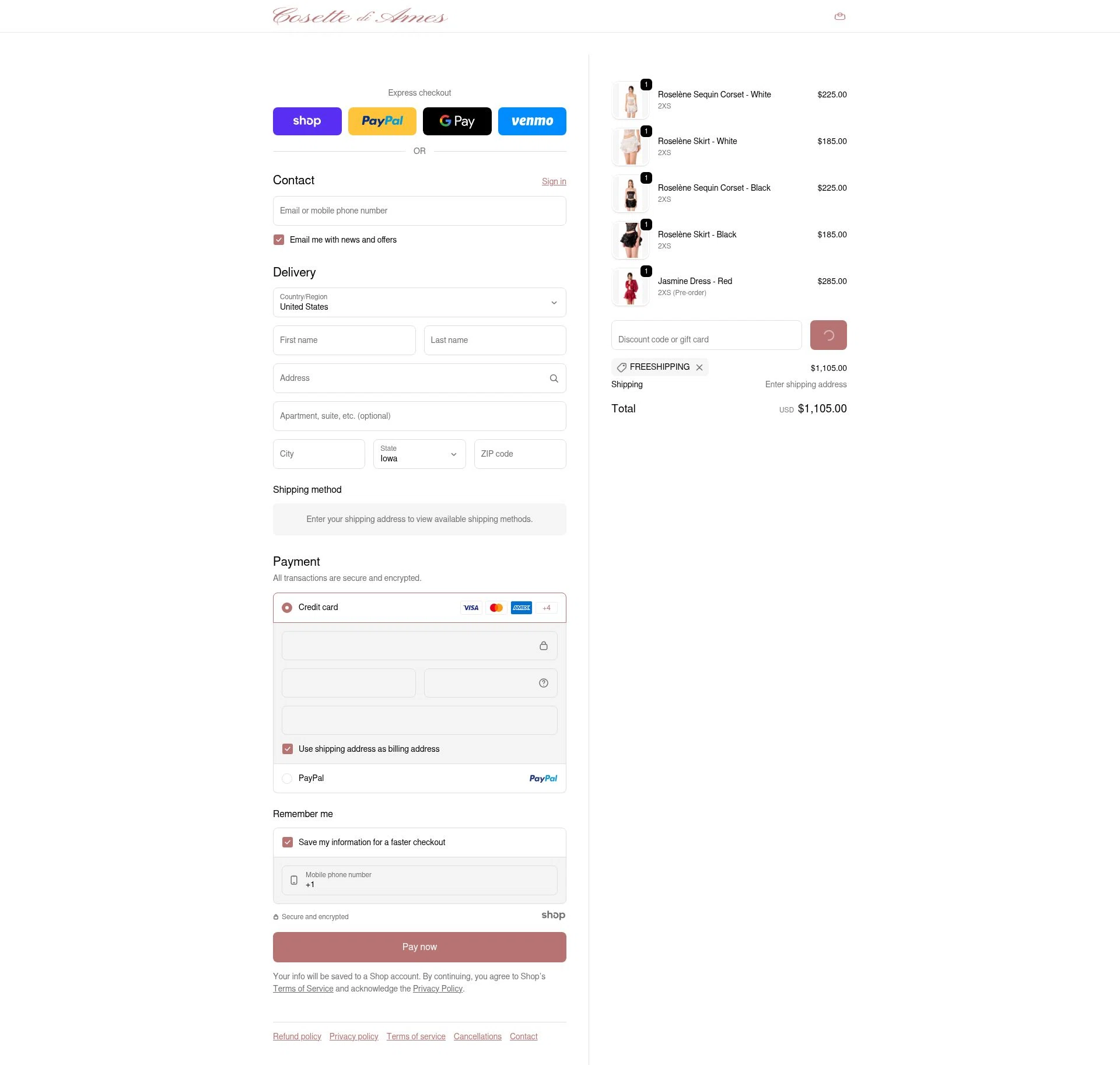 Cosette di Ames checkout page showing Cosette di Ames promo code box | Screenshot taken by SimplyCodes community member on Jan 4, 2026