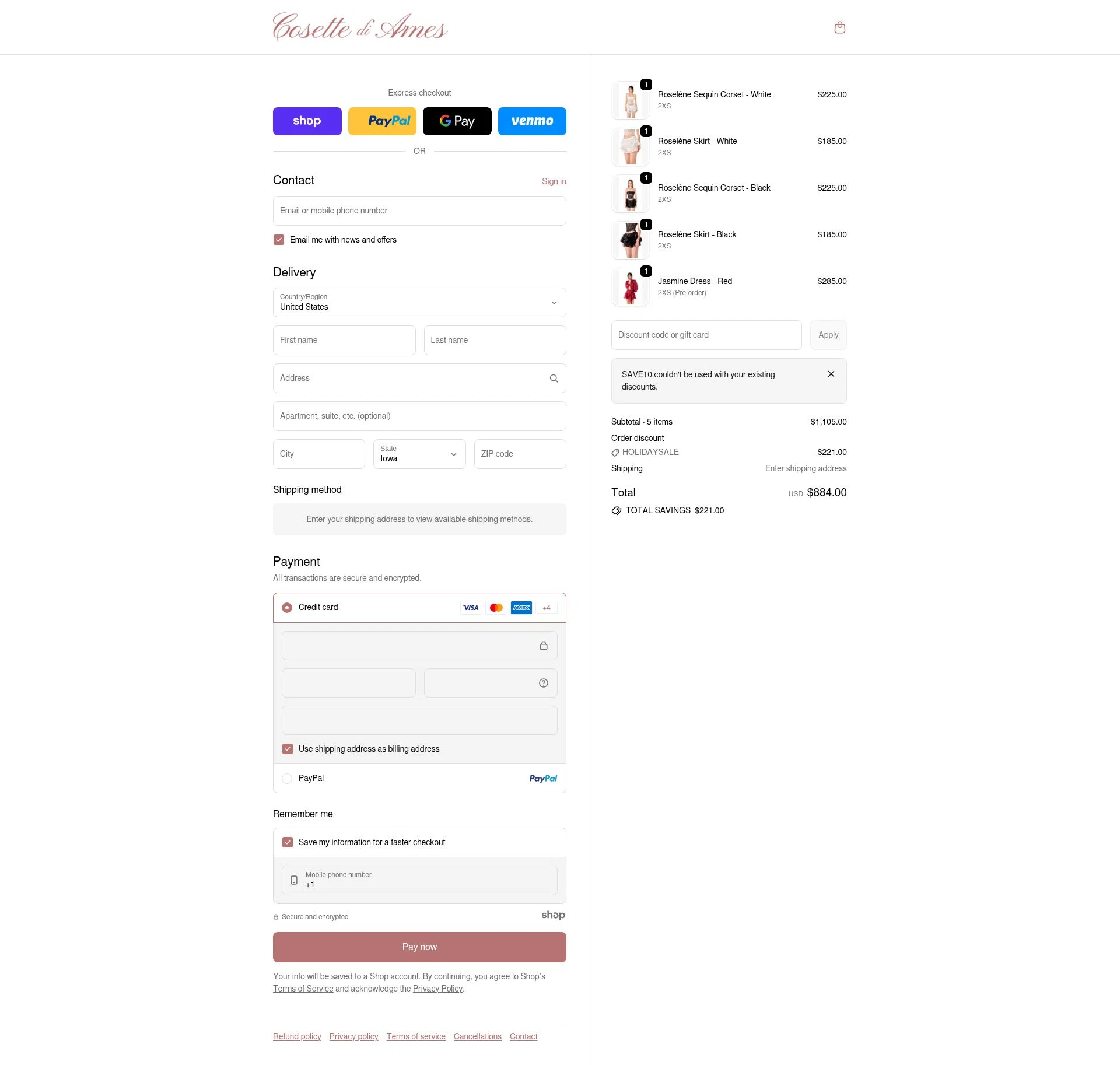 Cosette di Ames checkout page showing Cosette di Ames promo code box | Screenshot taken by SimplyCodes community member on Dec 25, 2025