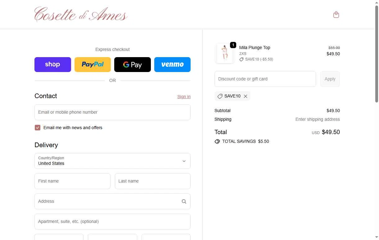 Cosette di Ames checkout page showing Cosette di Ames promo code box | Screenshot taken by SimplyCodes community member on Dec 20, 2025