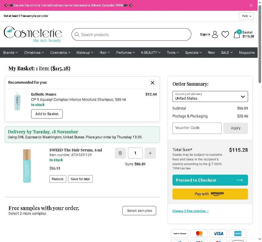 Cosmeterie checkout page showing Cosmeterie discount code box | Screenshot taken by SimplyCodes community member on Nov 12, 2025