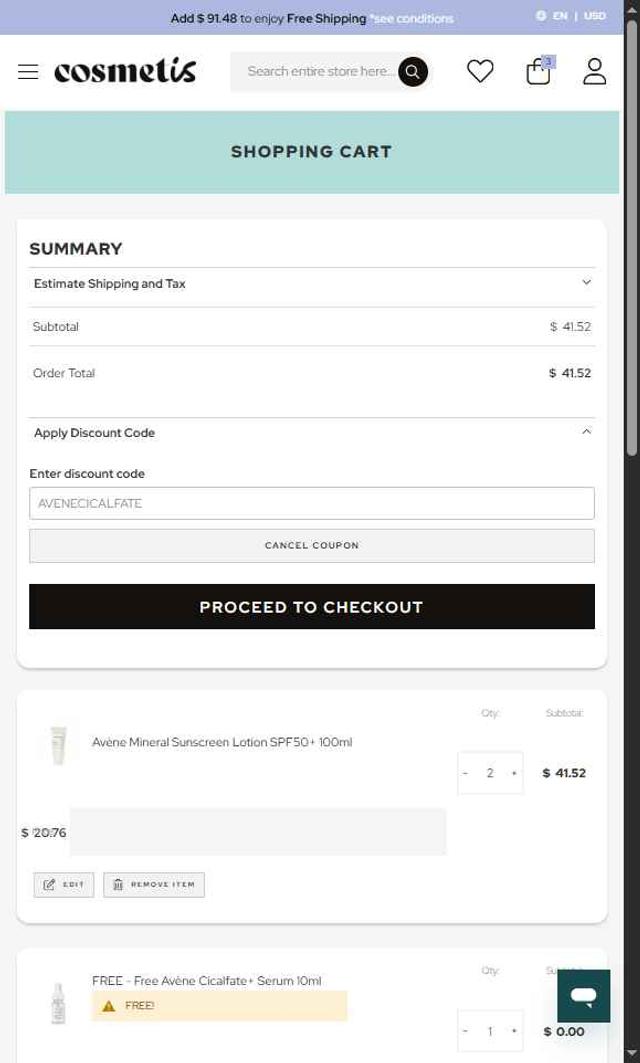 Cosmetis checkout page showing Cosmetis discount code box | Screenshot taken by SimplyCodes community member on Aug 18, 2025