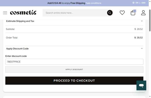 Cosmetis checkout page showing Cosmetis discount code box | Screenshot taken by SimplyCodes community member on Aug 15, 2025