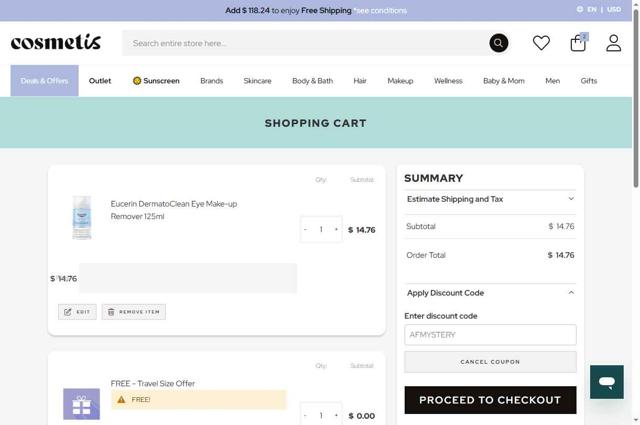 Cosmetis checkout page showing Cosmetis discount code box | Screenshot taken by SimplyCodes community member on Sep 7, 2025