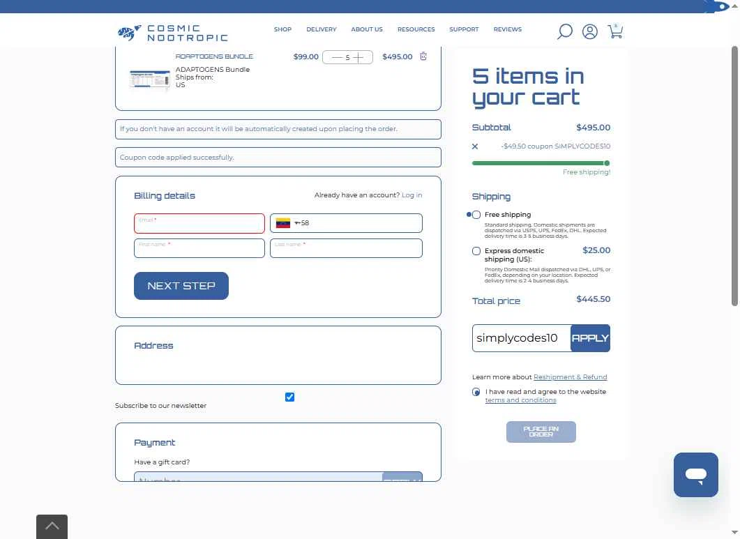 CosmicNootropic checkout page showing CosmicNootropic coupon code box | Screenshot taken by SimplyCodes community member on Oct 4, 2025