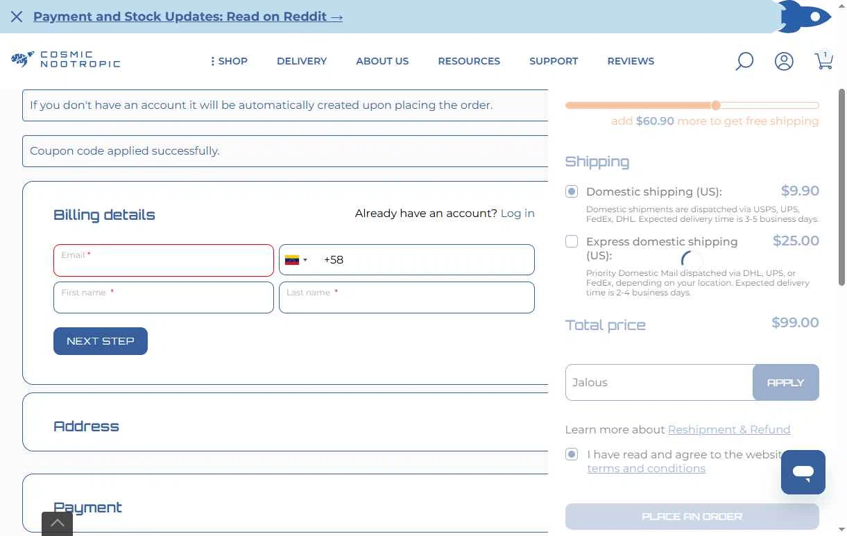 CosmicNootropic checkout page showing CosmicNootropic coupon code box | Screenshot taken by SimplyCodes community member on Oct 28, 2025