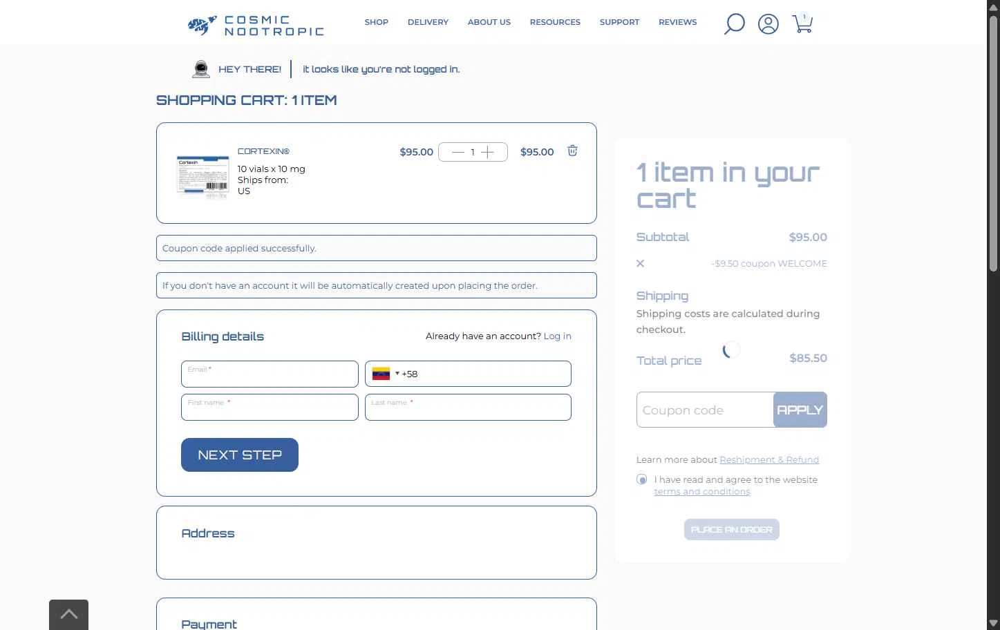 CosmicNootropic checkout page showing CosmicNootropic coupon code box | Screenshot taken by SimplyCodes community member on Sep 2, 2025