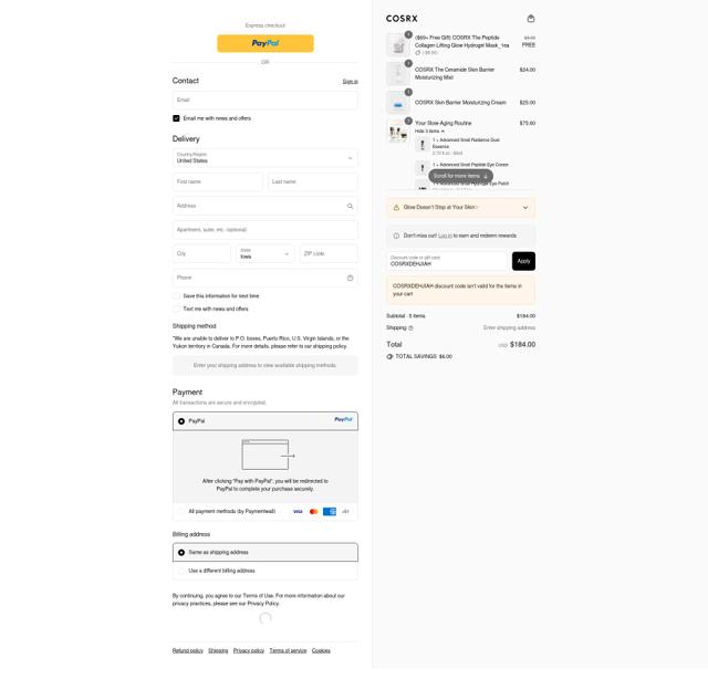 COSRX checkout page showing COSRX discount code box | Screenshot taken by SimplyCodes community member on Sep 15, 2025