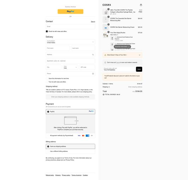COSRX checkout page showing COSRX discount code box | Screenshot taken by SimplyCodes community member on Sep 15, 2025