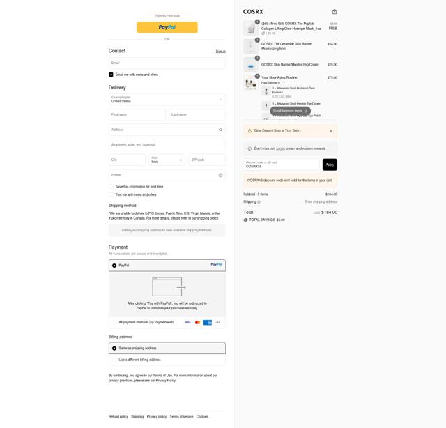 COSRX checkout page showing COSRX discount code box | Screenshot taken by SimplyCodes community member on Sep 15, 2025
