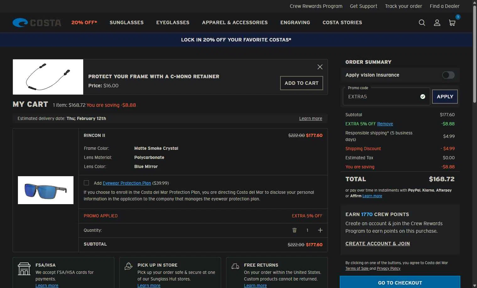 Costa Sunglasses checkout page showing Costa Sunglasses promo code box | Screenshot taken by SimplyCodes community member on Feb 8, 2026