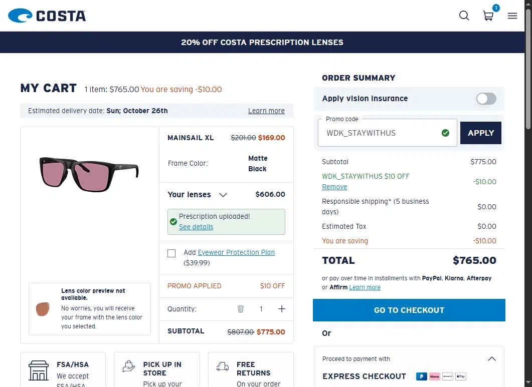 Costa Sunglasses checkout page showing Costa Sunglasses promo code box | Screenshot taken by SimplyCodes community member on Oct 11, 2025