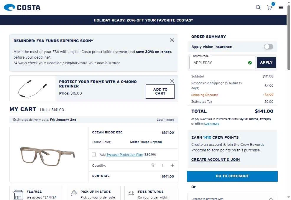 Costa Sunglasses checkout page showing Costa Sunglasses promo code box | Screenshot taken by SimplyCodes community member on Dec 26, 2025