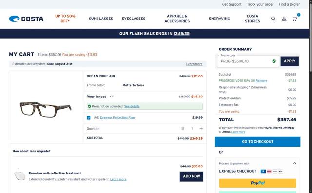 Costa Sunglasses checkout page showing Costa Sunglasses promo code box | Screenshot taken by SimplyCodes community member on Aug 16, 2025