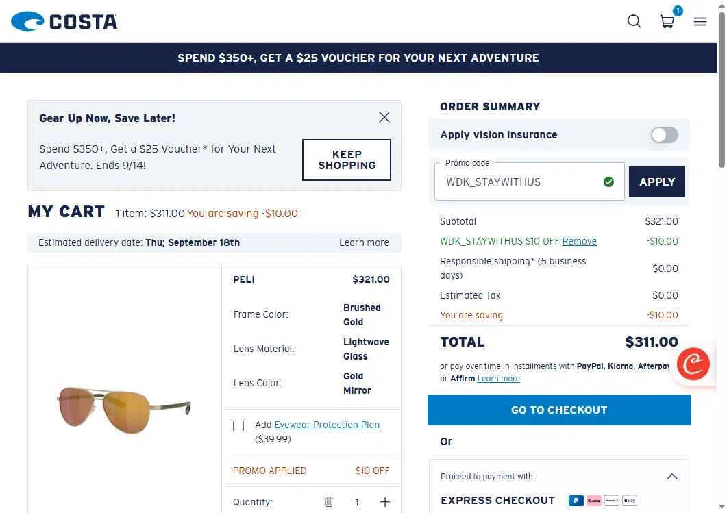 Costa Sunglasses checkout page showing Costa Sunglasses promo code box | Screenshot taken by SimplyCodes community member on Sep 12, 2025