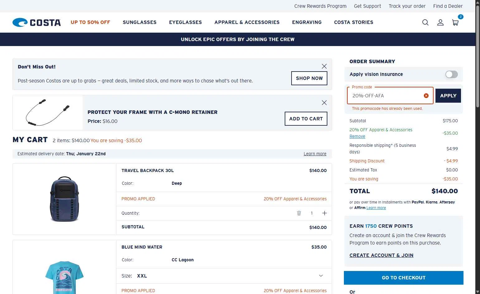 Costa Sunglasses checkout page showing Costa Sunglasses promo code box | Screenshot taken by SimplyCodes community member on Jan 15, 2026