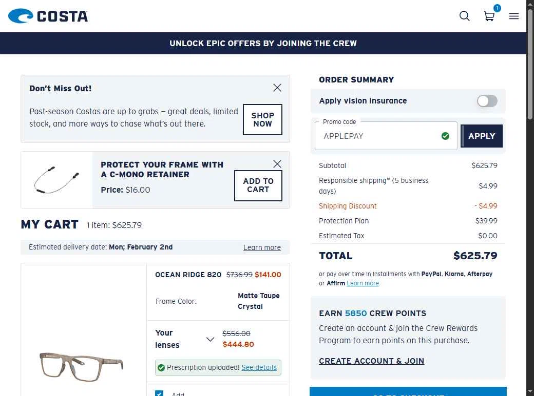 Costa Sunglasses checkout page showing Costa Sunglasses promo code box | Screenshot taken by SimplyCodes community member on Jan 15, 2026