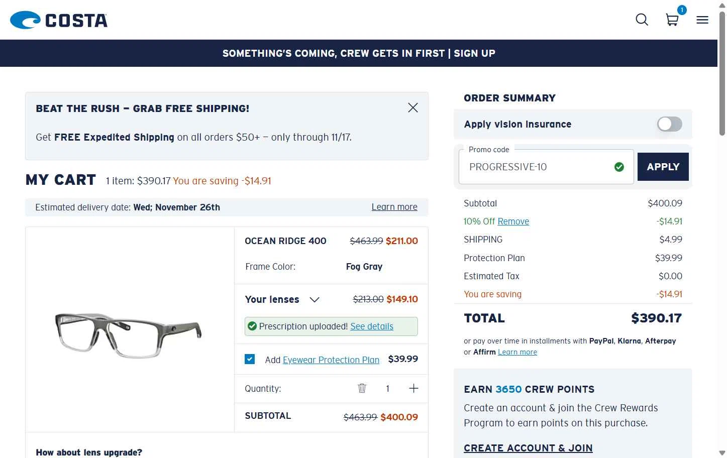 Costa Sunglasses checkout page showing Costa Sunglasses promo code box | Screenshot taken by SimplyCodes community member on Nov 12, 2025