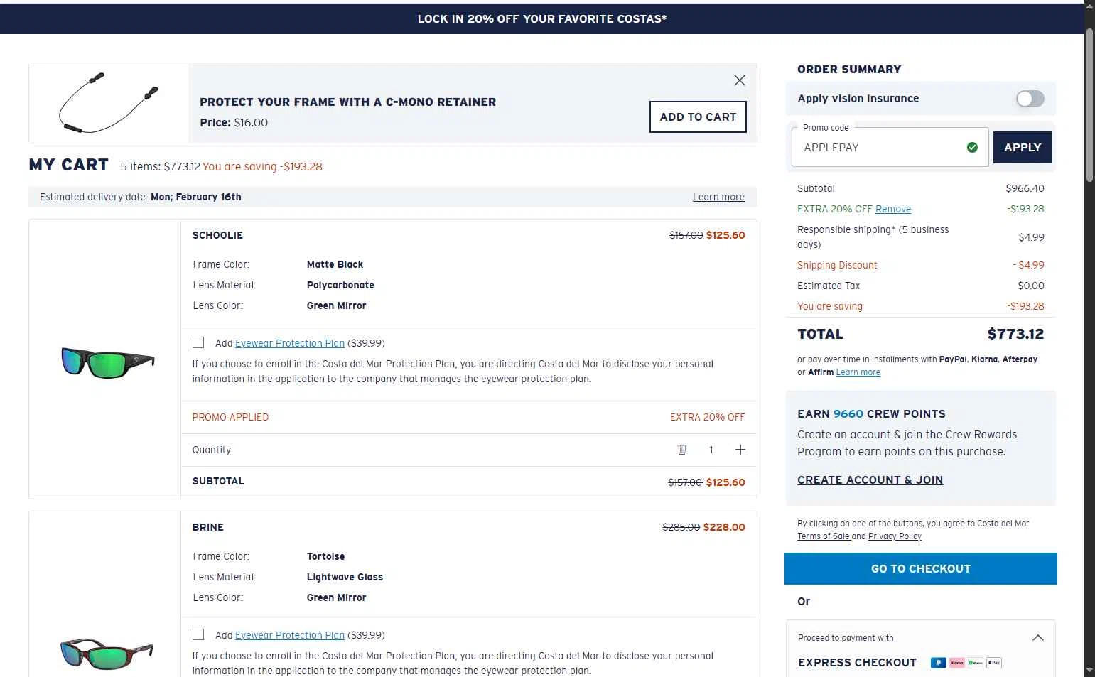 Costa Sunglasses checkout page showing Costa Sunglasses promo code box | Screenshot taken by SimplyCodes community member on Feb 9, 2026