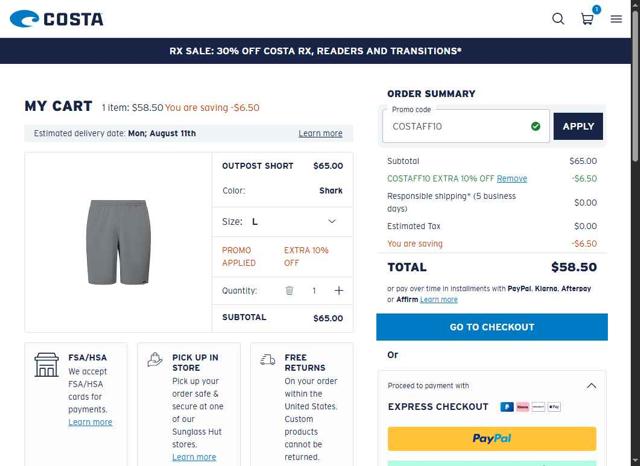 Costa Sunglasses checkout page showing Costa Sunglasses promo code box | Screenshot taken by SimplyCodes community member on Aug 5, 2025