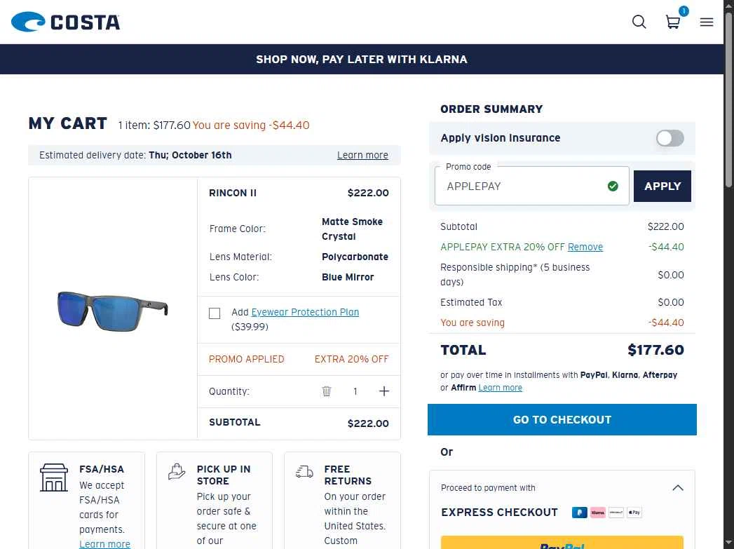 Costa Sunglasses checkout page showing Costa Sunglasses promo code box | Screenshot taken by SimplyCodes community member on Oct 12, 2025