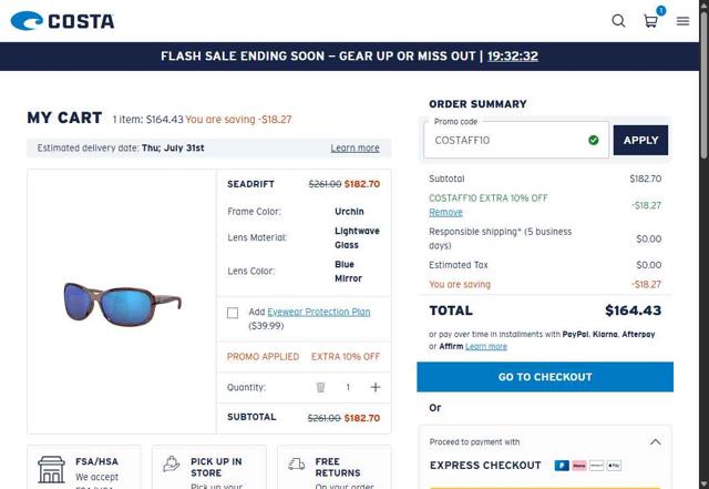 Costa Sunglasses checkout page showing Costa Sunglasses promo code box | Screenshot taken by SimplyCodes community member on Jul 27, 2025