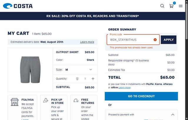 Costa Sunglasses checkout page showing Costa Sunglasses promo code box | Screenshot taken by SimplyCodes community member on Aug 14, 2025
