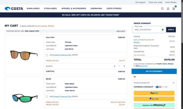 Costa Sunglasses checkout page showing Costa Sunglasses promo code box | Screenshot taken by SimplyCodes community member on Aug 13, 2025