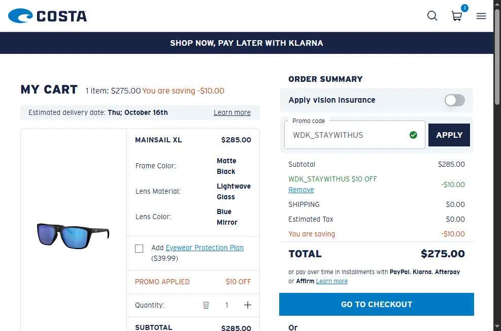 Costa Sunglasses checkout page showing Costa Sunglasses promo code box | Screenshot taken by SimplyCodes community member on Oct 11, 2025