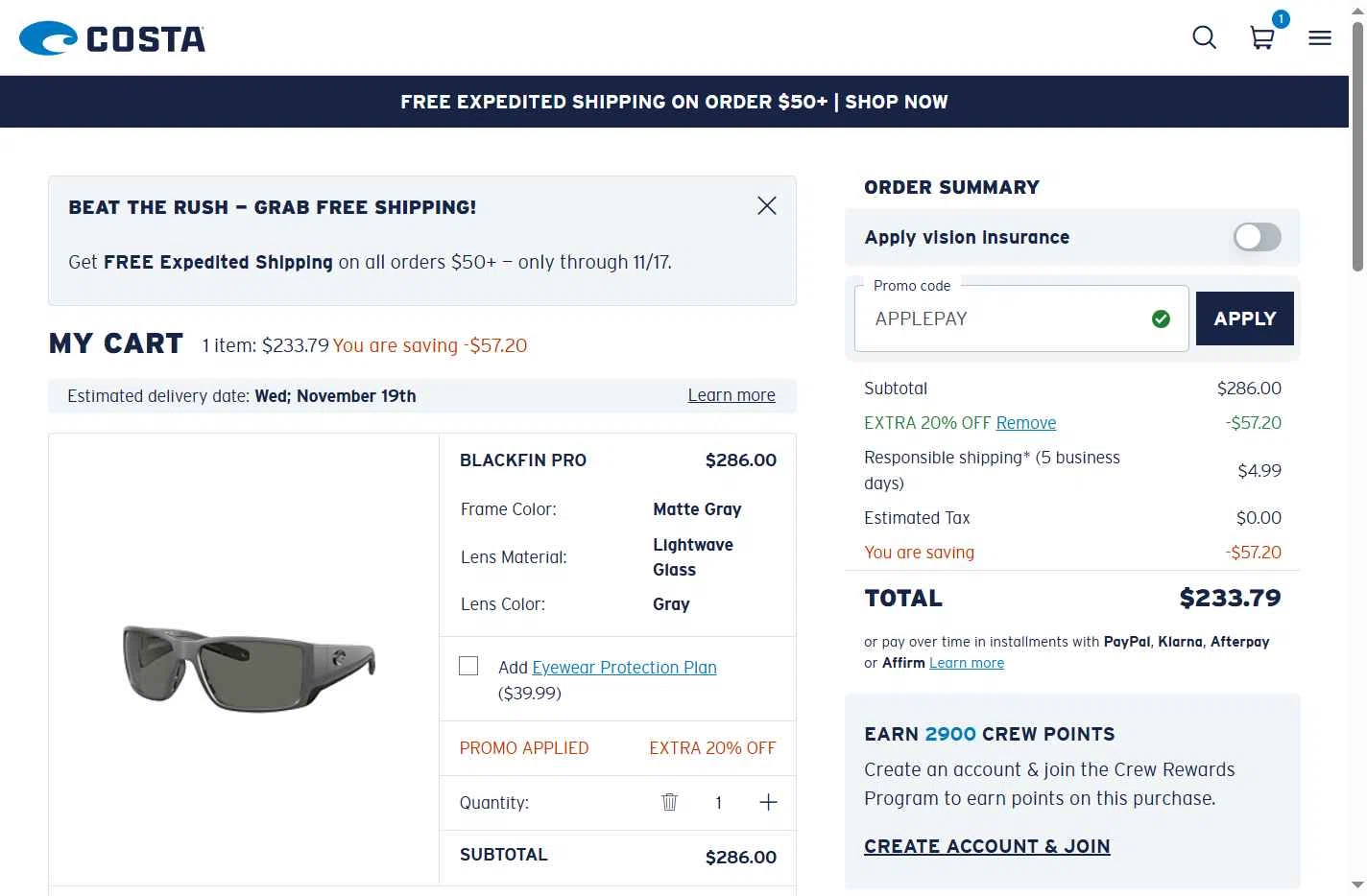 Costa Sunglasses checkout page showing Costa Sunglasses promo code box | Screenshot taken by SimplyCodes community member on Nov 13, 2025