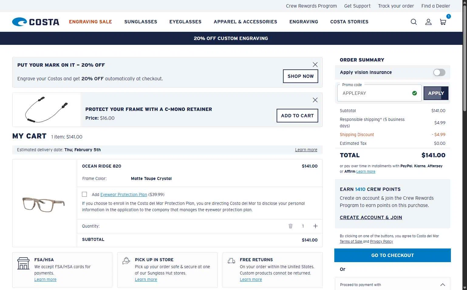 Costa Sunglasses checkout page showing Costa Sunglasses promo code box | Screenshot taken by SimplyCodes community member on Jan 29, 2026