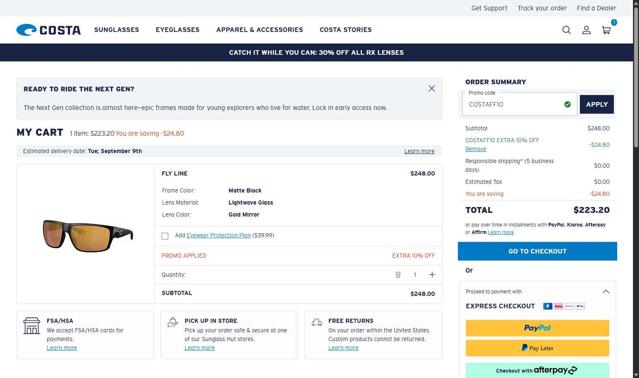 Costa Sunglasses checkout page showing Costa Sunglasses promo code box | Screenshot taken by SimplyCodes community member on Sep 3, 2025