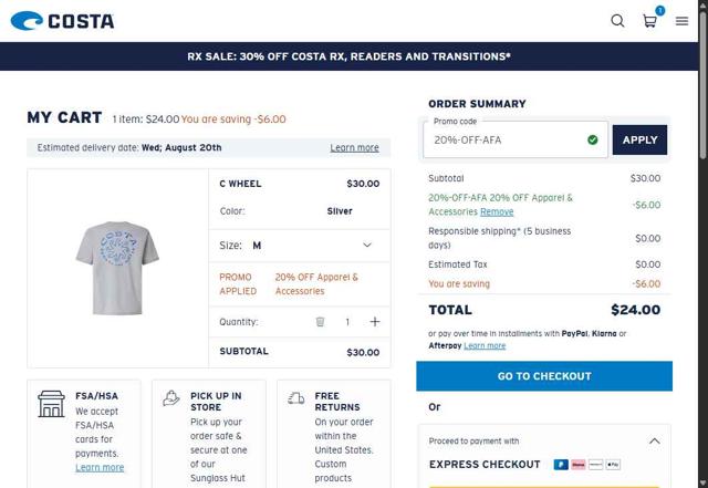 Costa Sunglasses checkout page showing Costa Sunglasses promo code box | Screenshot taken by SimplyCodes community member on Aug 14, 2025