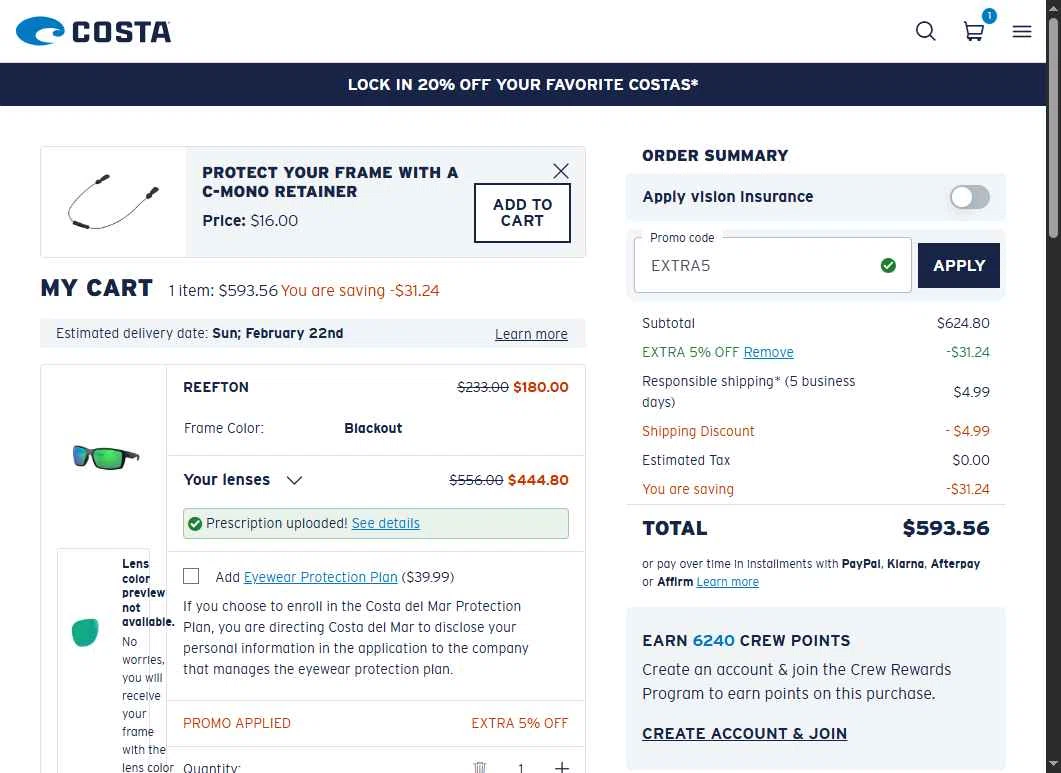 Costa Sunglasses checkout page showing Costa Sunglasses promo code box | Screenshot taken by SimplyCodes community member on Feb 8, 2026