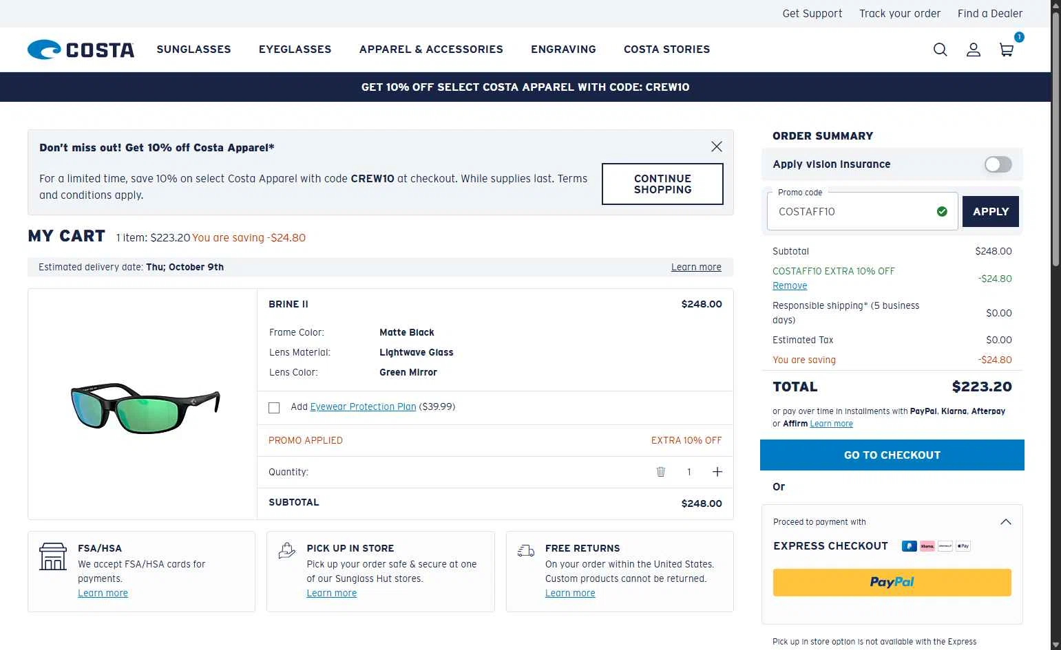 Costa Sunglasses checkout page showing Costa Sunglasses promo code box | Screenshot taken by SimplyCodes community member on Oct 2, 2025